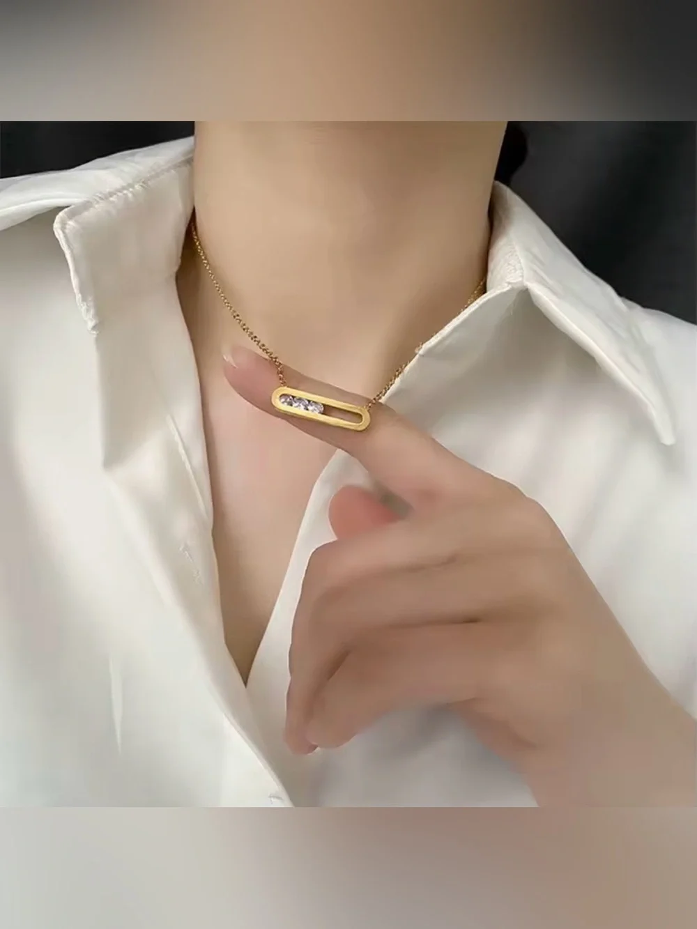 18K Gold Geometrical Link Paperclip Designer Inspired Moving Diamond Necklace